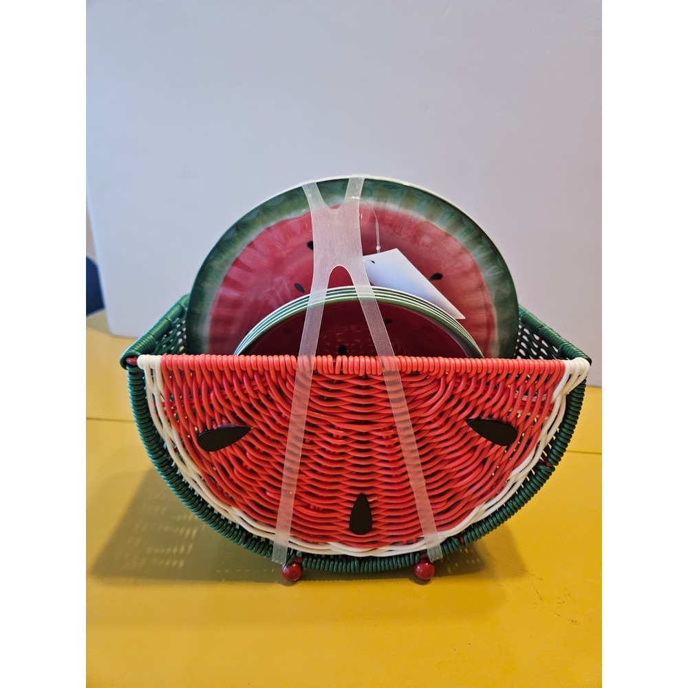 Watermelon Wicker Basket w Melamine 4 Bowls 4 Plates‎ Picnic Summer Pool Party